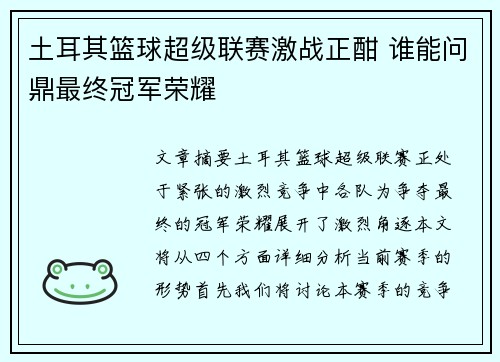 土耳其篮球超级联赛激战正酣 谁能问鼎最终冠军荣耀
